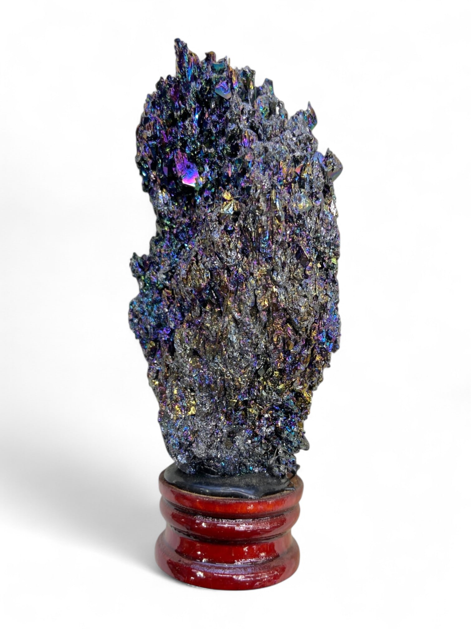 Chalcopyrite Peacock Ore Iridescent Crystal Cluster on Red Wood Stand, 287g, 14cm (1 of 3)