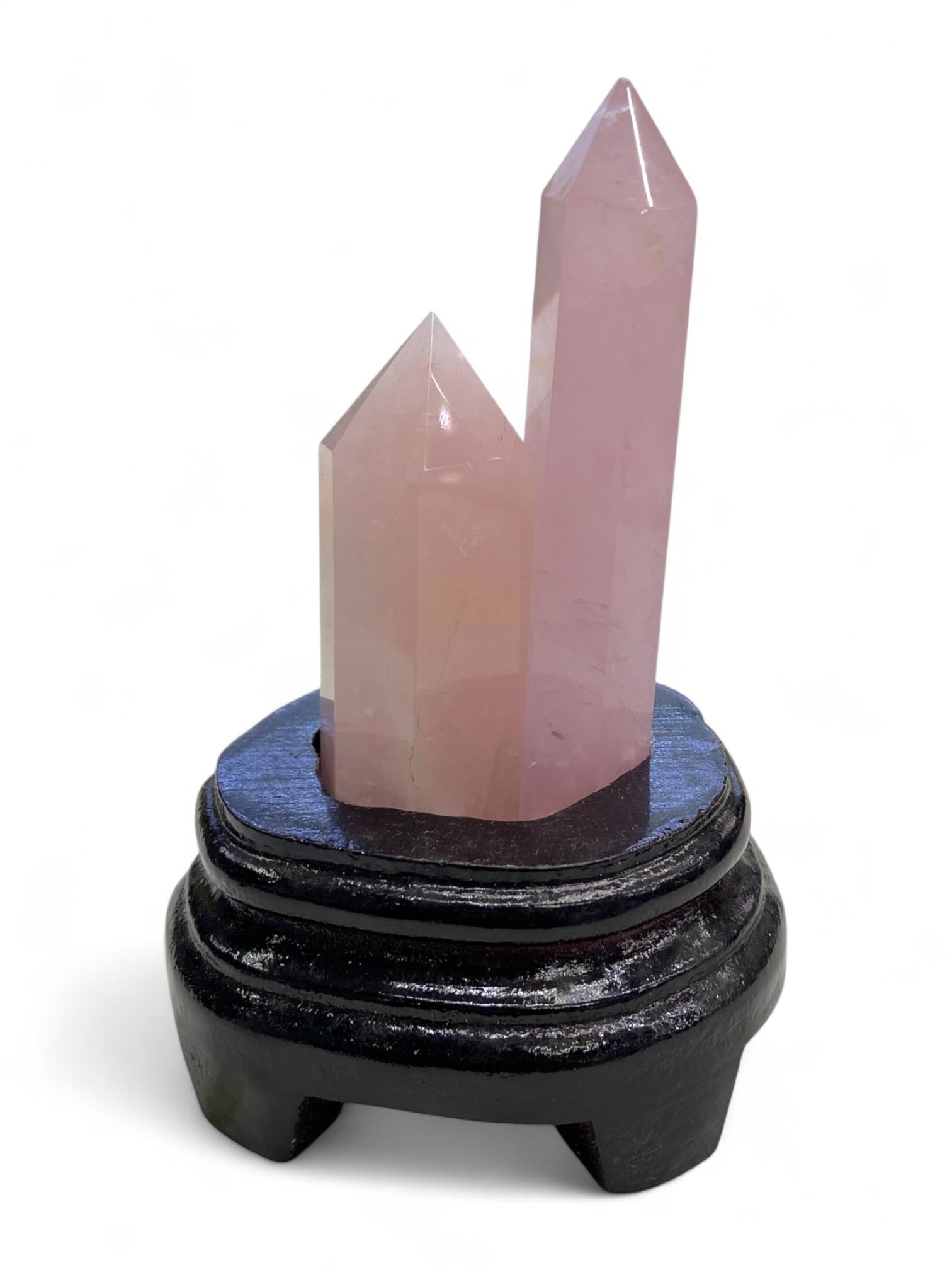 Rose Quartz Twin Tower Polished Crystal on Black Lacquered Wood Stand, 236g, 14cm (1 of 3)