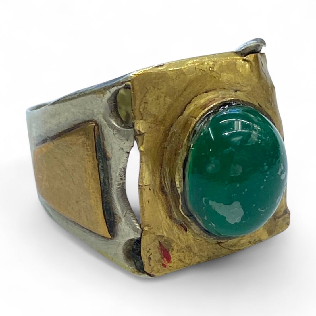 Antique Silver Ring with Emerald Green Cabochon and Geometric Gold Accents, US Size 9.5, 8.2g (1 of 4)