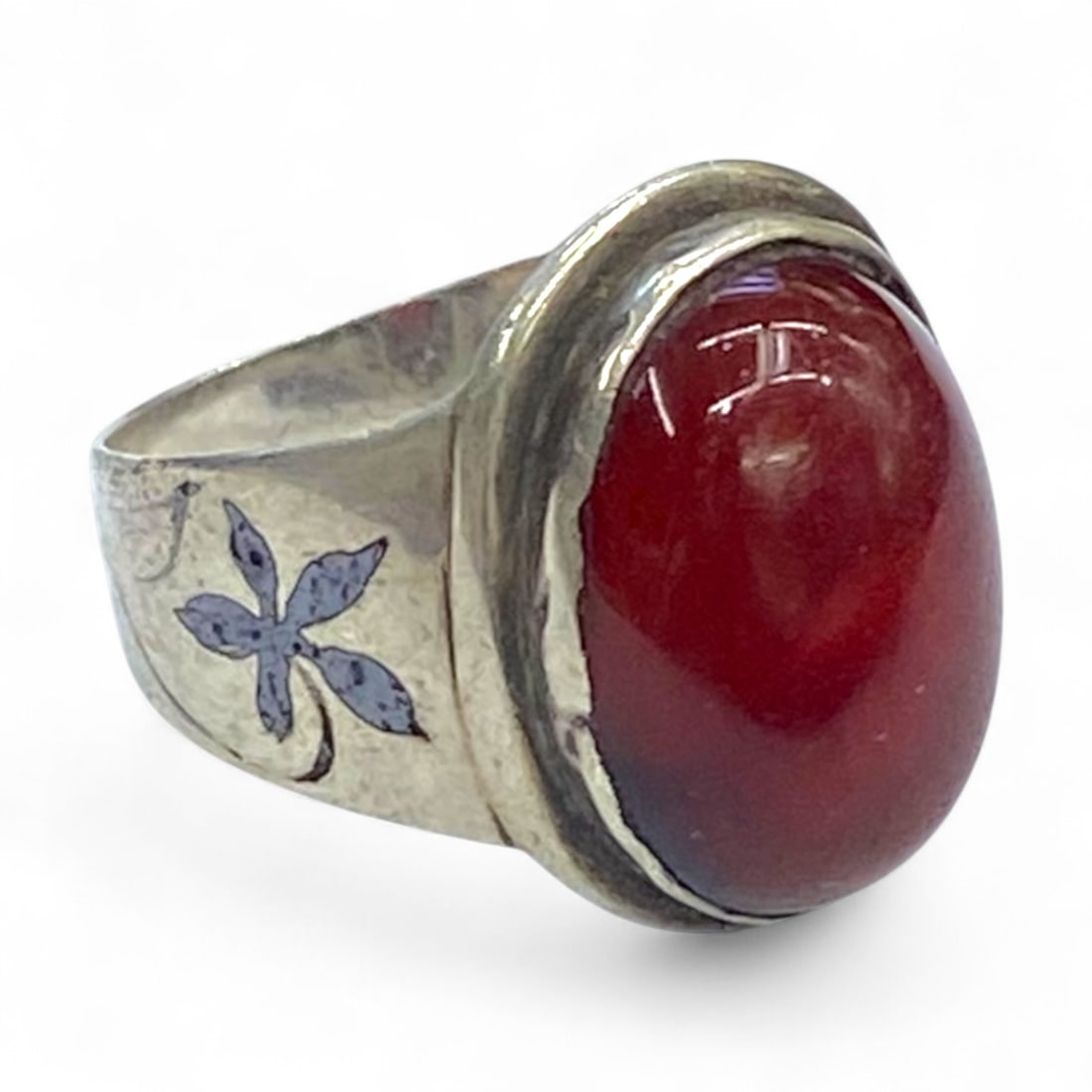 Antique Silver Ring with Red Carnelian Cabochon and Enamel Floral Inlay, US Size 7.5, 5.1g (1 of 4)
