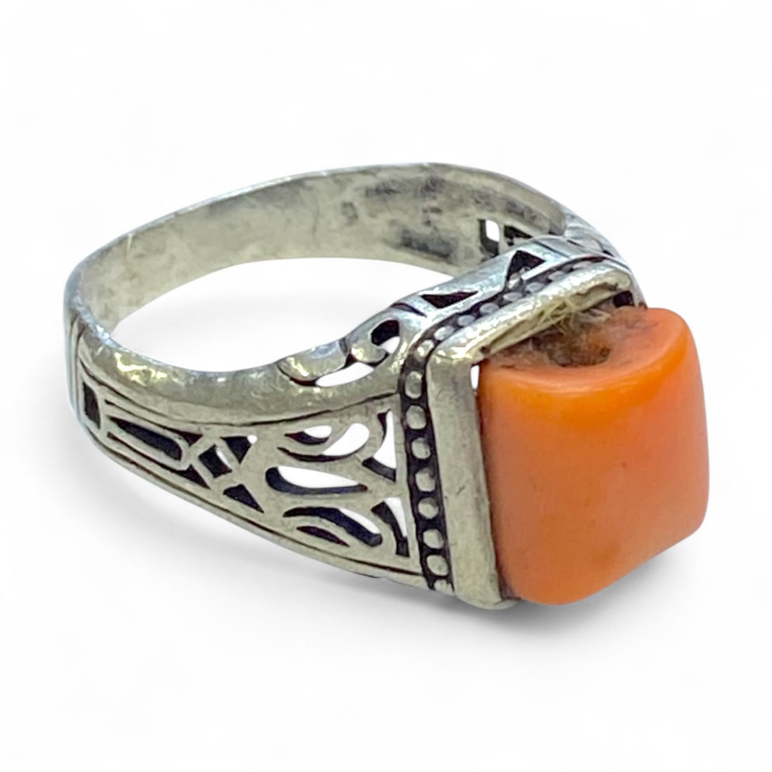 Antique Silver Ring with Natural Orange Coral Bead, US Size 9.5, 5.6g (1 of 4)
