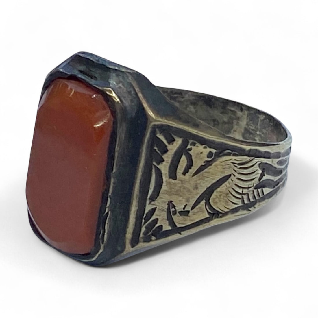 Antique Middle Eastern Heraldic Eagle Ring with Carnelian Inlay, US Size 11, 6.2g (1 of 4)