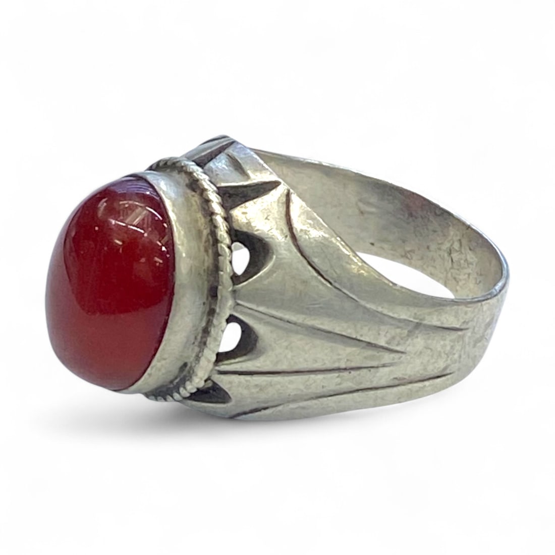 Vintage Middle Eastern Carnelian Cabochon Silver Ring, US Size 13, 12g (1 of 3)
