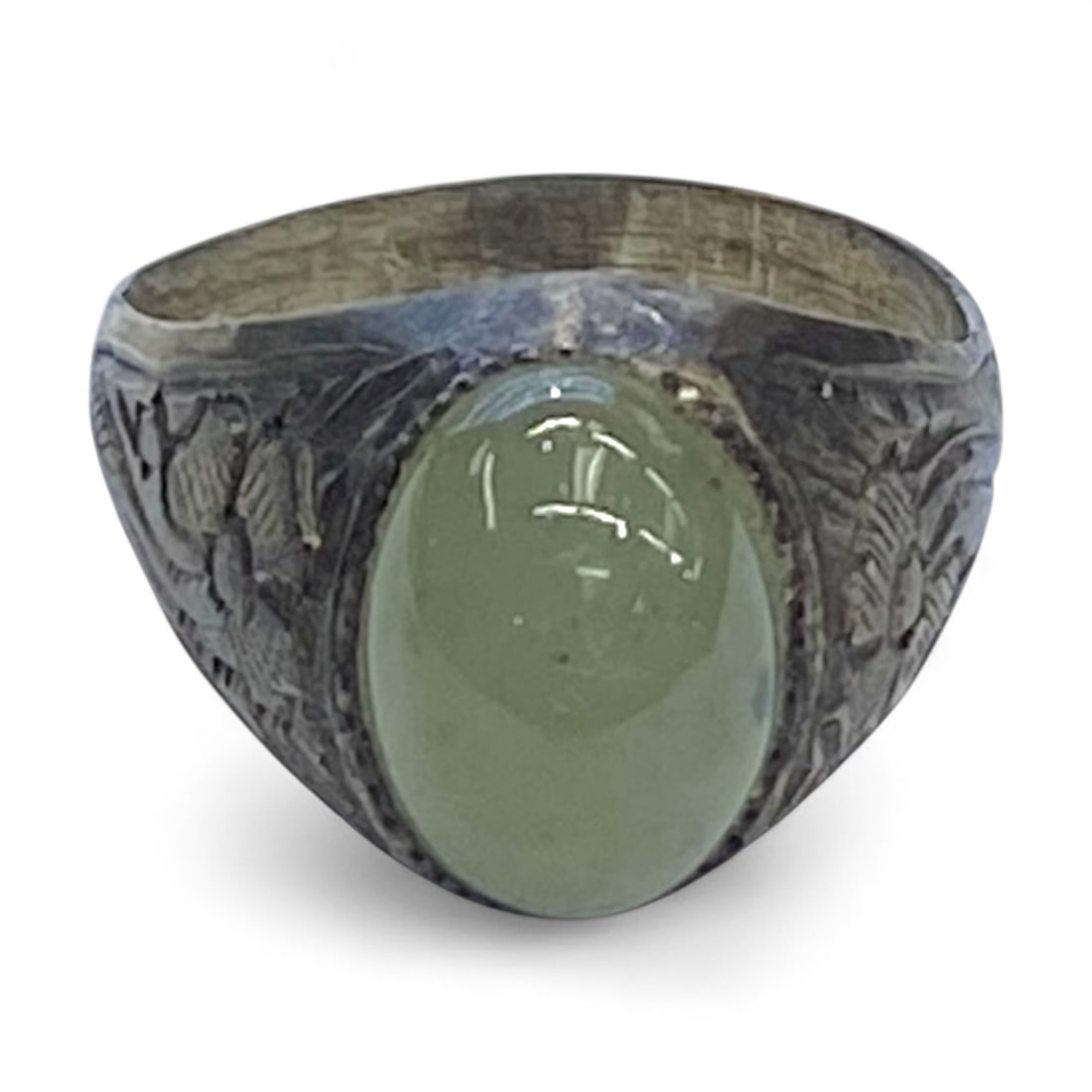 Antique Middle Eastern Floral-Engraved Silver Ring with Green Stone, US Size 8, 5g (1 of 4)