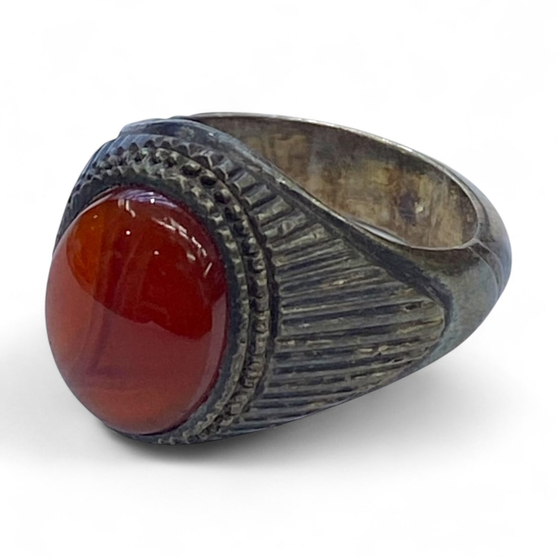 Antique Middle Eastern Sunburst-Patterned Silver Ring with Carnelian Gem, US Size 10, 13g (1 of 4)