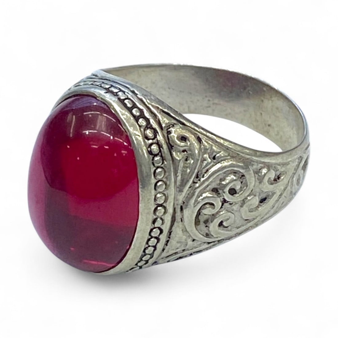 Antique Middle Eastern Silver Scrollwork Ring with Ruby Glass Cabochon, US Size 10.5, 10g (1 of 4)