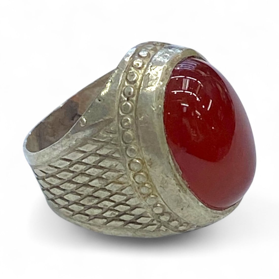 Antique Middle Eastern Lattice-Pattern Silver Ring with Crimson Glass Cabochon, US Size 6.5, 8g (1 of 3)
