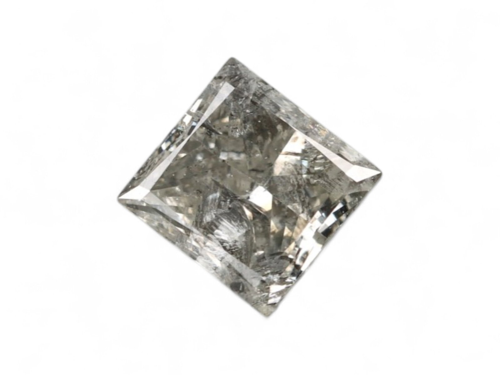0.40Ct Natural Princess-Cut Salt & Pepper Diamond, 4.2mm: This natural diamond features a bold princess cut with sharp geometric symmetry, visible internal inclusions form a striking clouded core, creating a textural contrast against the sharply polished pav