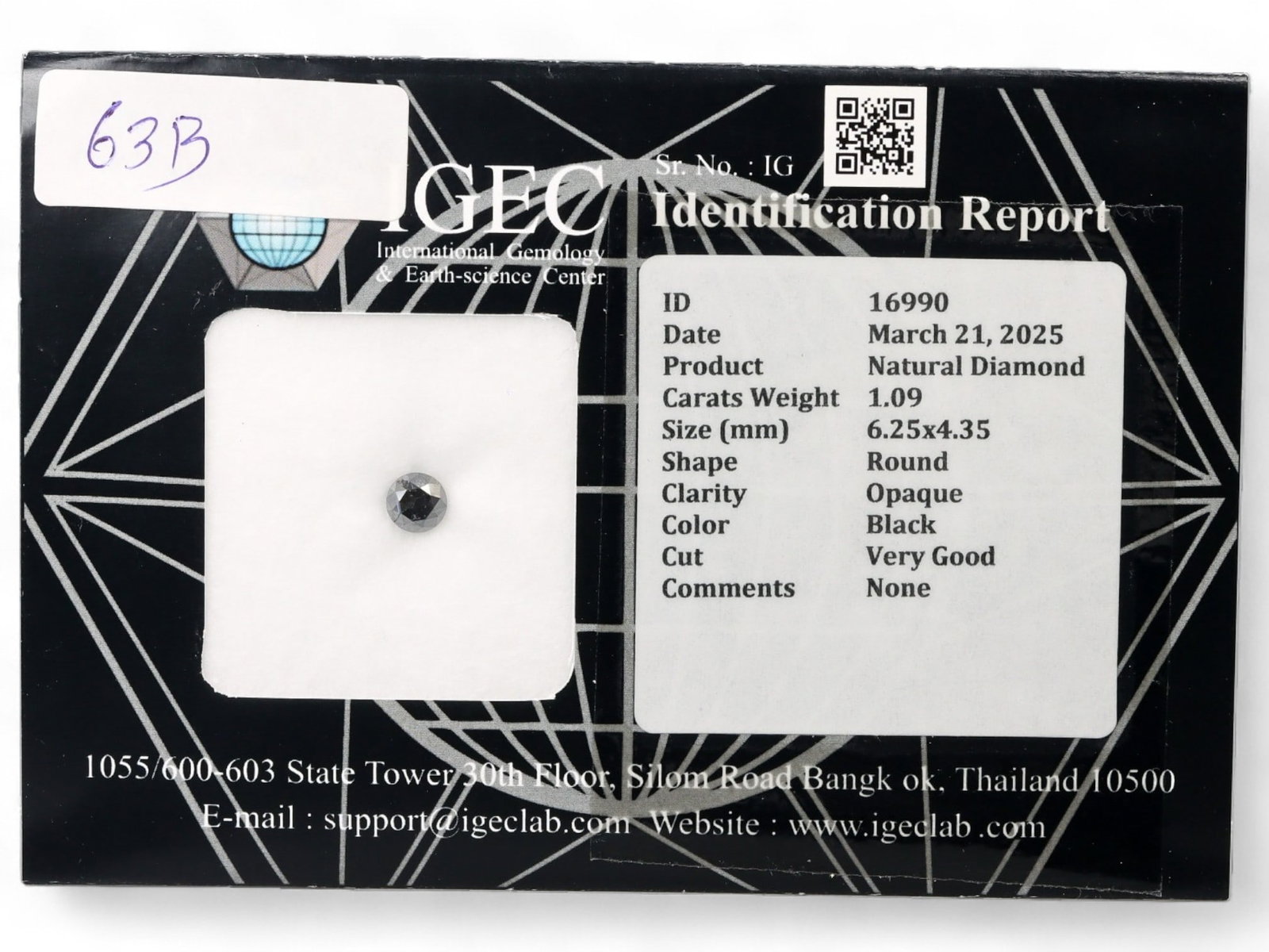 1.09Ct Certified Black Diamond, Round Brilliant, 6.25mm: A striking study in contrast and polish, this IGEC-certified natural black diamond presents in a round brilliant cut with smooth opaque luster and a highly symmetrical finish. The stone's deep jet hue