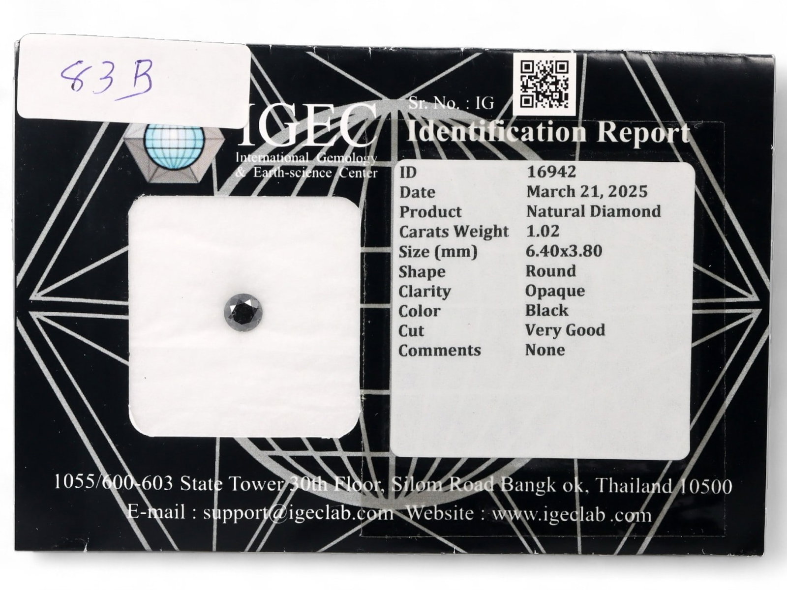 1.02Ct Certified Black Diamond, Round Brilliant, 6.40mm: A striking study in contrast and polish, this IGEC-certified natural black diamond presents in a round brilliant cut with smooth opaque luster and a highly symmetrical finish. The stone's deep jet hue