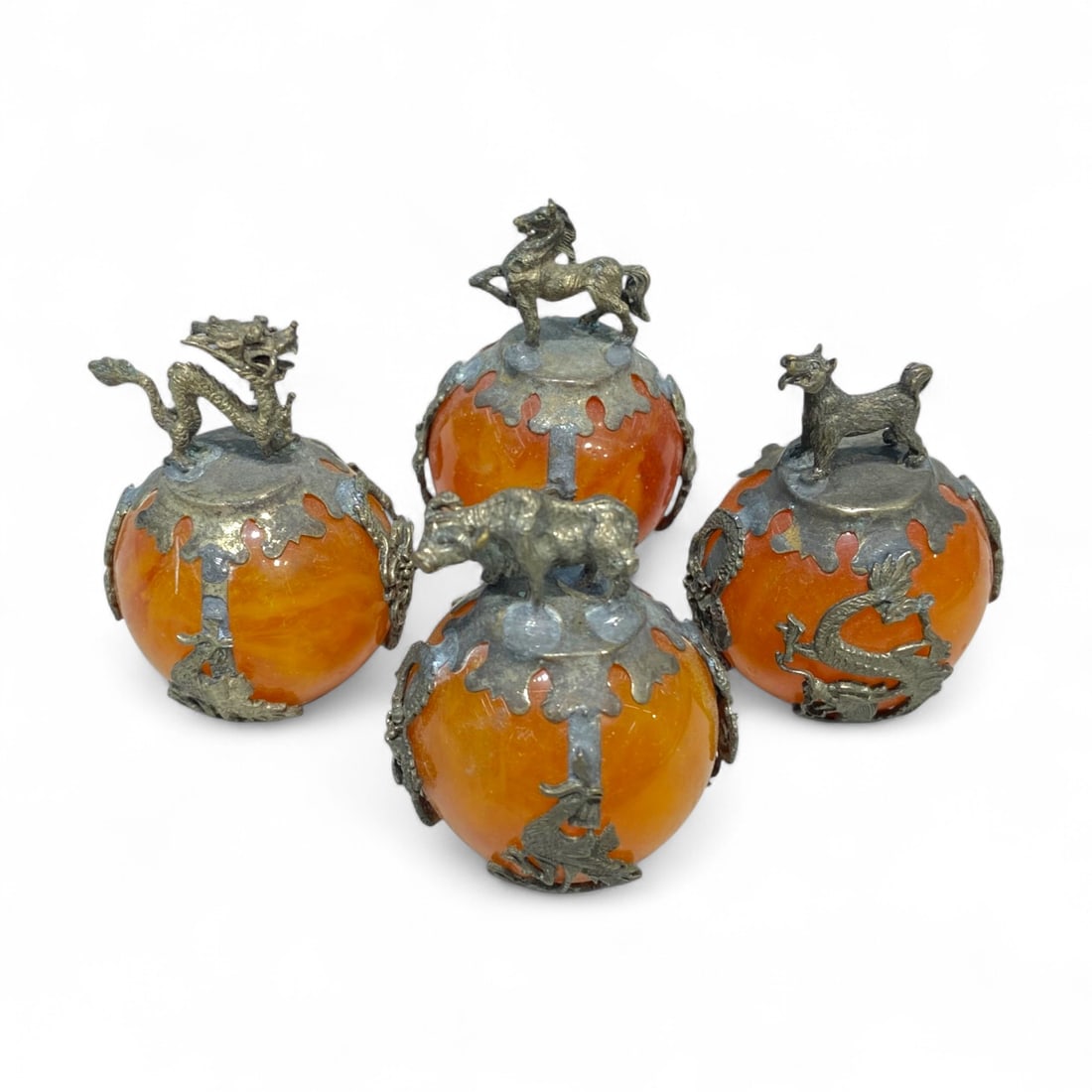 Vintage Chinese Zodiac Animal Symbol Pressed Amber Spheres Set, c. Mid-20th Century, 146g (1 of 3)