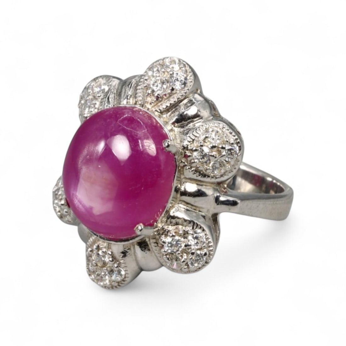 Ruby Cabochon and White Stone Cluster Ring - Sterling Silver, Size 8.25 (1 of 2)