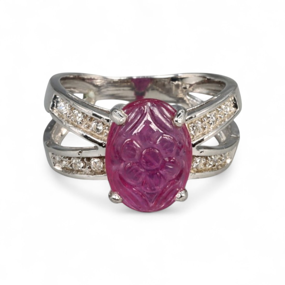 Carved Pinkish-Red Ruby Floral Ring - Sterling Silver Setting, Size 7 (1 of 3)