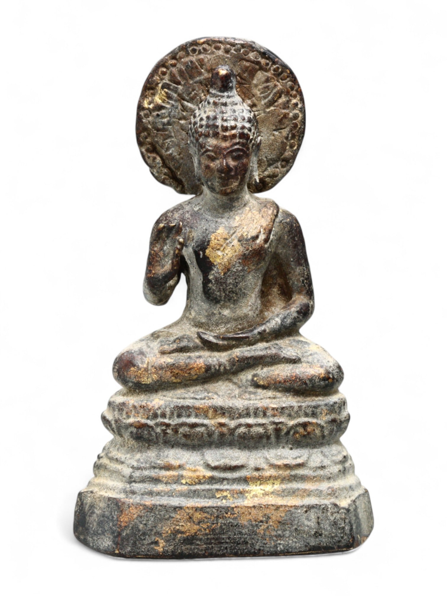 Antique Thai Bronze Buddha in Bhumisparsha Mudra with Aureole, c. 19th Century, 110g (1 of 2)