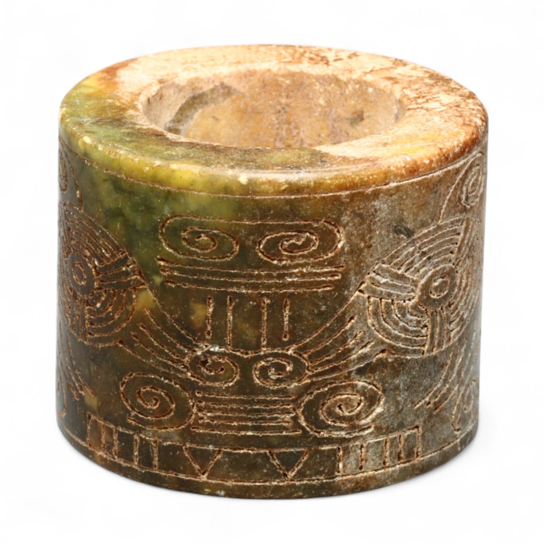 Antique Chinese Archaistic Spiral Motif Green Jade Archer's Thumb Ring, c. 19th Century, 54g (1 of 4)