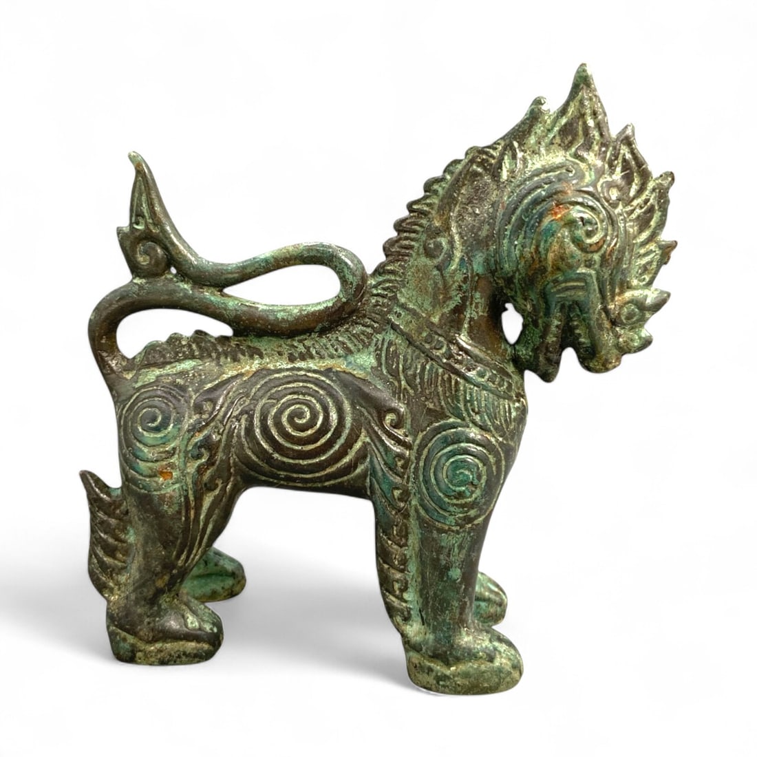 Antique Thai Singha Guardian Lion Bronze Sculpture with Spiral Motifs, c. 19th Century, 416g (1 of 6)