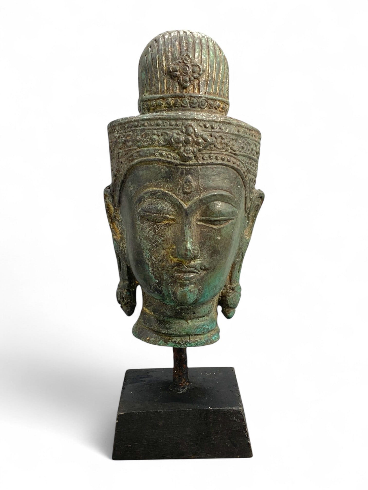 Antique Thai Crowned Buddha Bronze Bust with Floral Diadem, c. 18th-19th Century, 355g (1 of 7)
