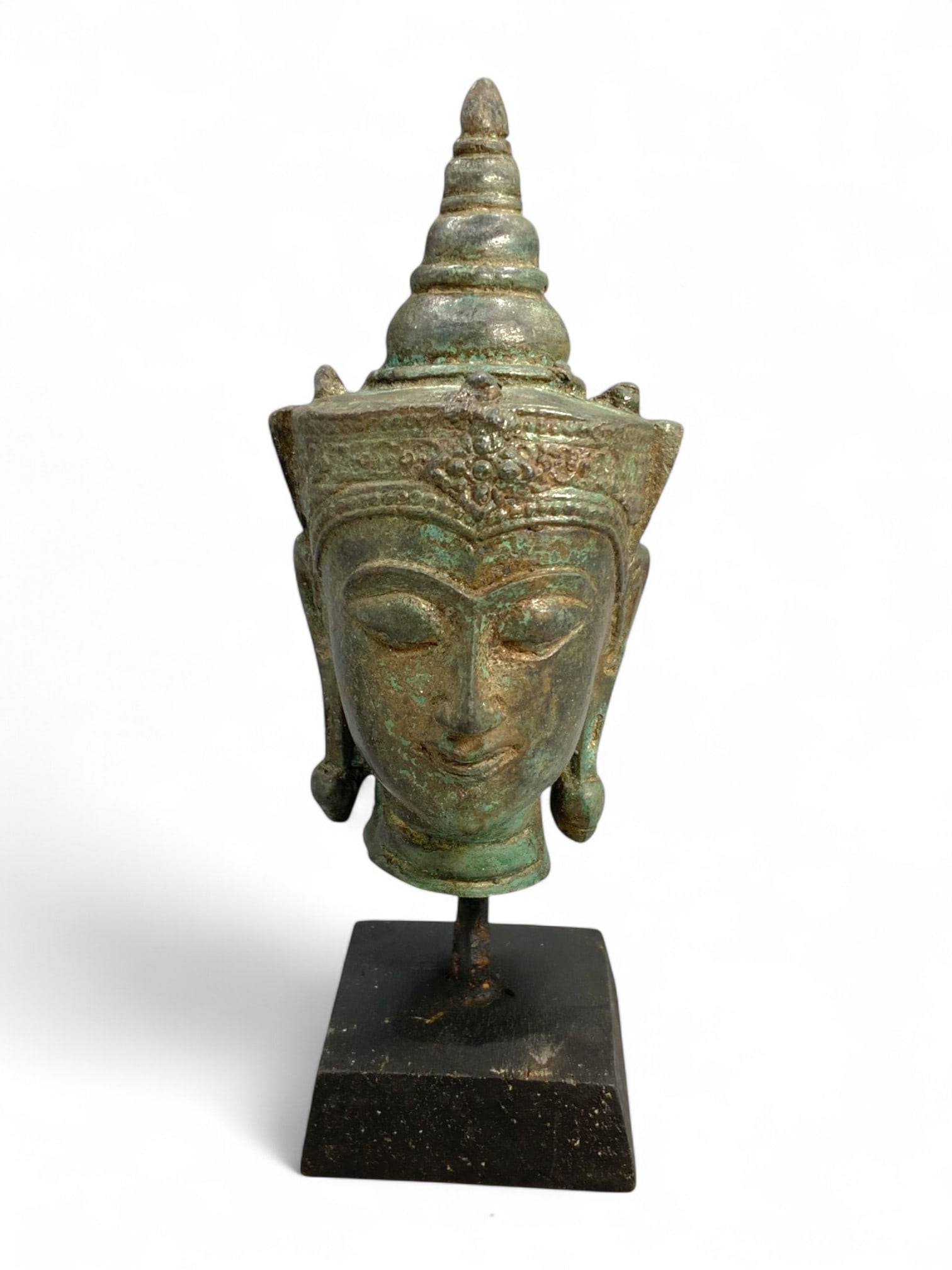 Antique Thai Crowned Buddha Head Bronze Bust Sculpture, c. 18th-19th Century, 295g (1 of 6)