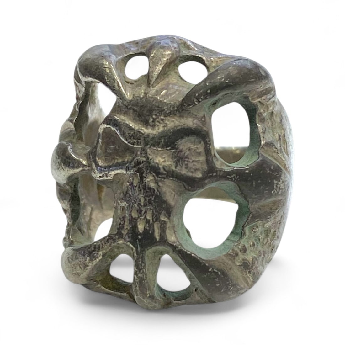 Ancient Medieval Gothic Skeleton Skull Symbolic Silver Ring, c. 15th-17th Century CE, 16.4g (1 of 7)
