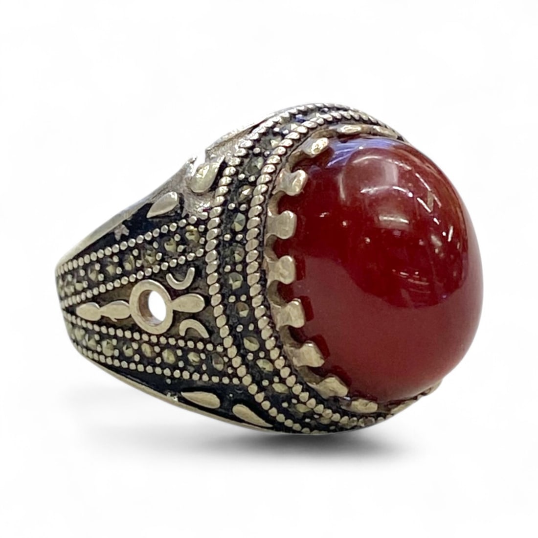 Vintage Art Deco Revival Silver Ring with Red Carnelian and Marcasite Inlay, 8.3g (1 of 6)