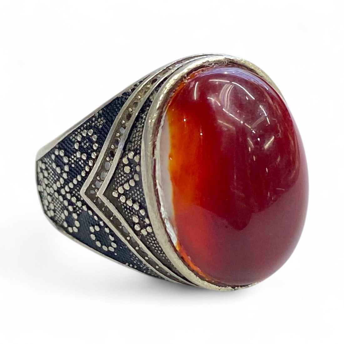 Vintage Mid-Century Geometric Dotwork Red Cabochon Silver Ring, 10.75US, 7.5g (1 of 6)