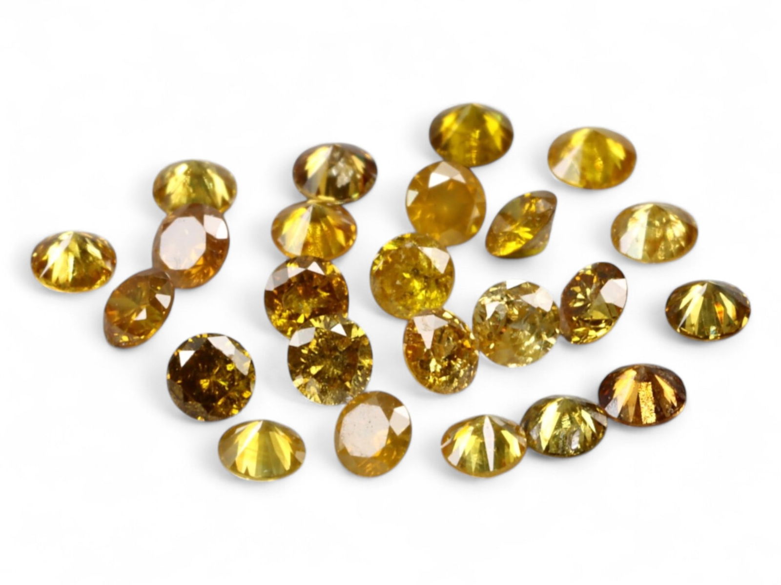 0.52 Carats Golden Yellow Fancy Diamond Lot - Natural Round Cuts, 25 Pieces, 1.7mm: This radiant collection of 25 petite round-cut diamonds glows with intense golden yellow brilliance, ranging from deep saffron and warm amber to lemon and honey tones. Each stone bursts with fiery lig