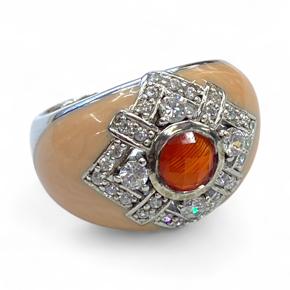 Art Deco Revival Geometric Diamond-Cut Enamel Ring in Sterling Silver, Size 7.5, 10g (1 of 4)