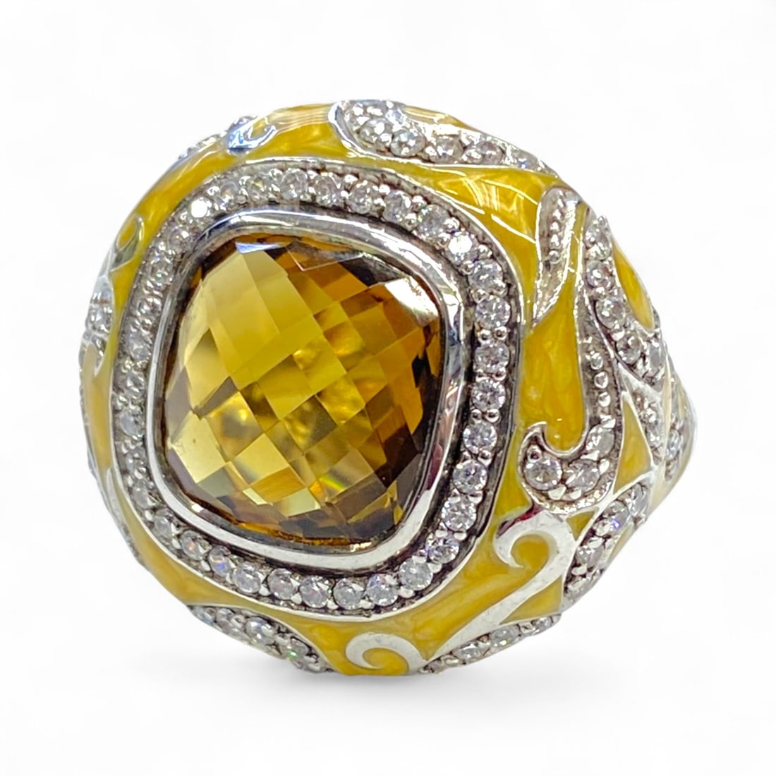 Baroque Revival Scrollwork Enamel Cocktail Ring, Sterling Silver, Size 7.75, 12.1g (1 of 5)