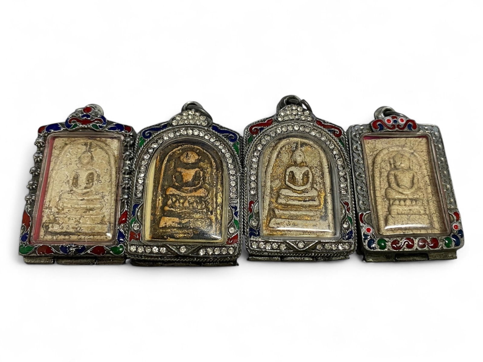 Antique Thai Buddhist Devotional Amulet Set, Gilded Clay and Silver, c. 19th Century, 154g (1 of 2)