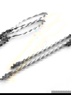 Historic Tribal Silver Earrings with Multicolor Glass Inlay, c. 19th Century: This striking pair of elongated silver earrings, measuring 8 cm in length and weighing 14.7 grams combined, embodies the vibrant artistry of 19th-century tribal jewelry from Central or South Asia. Eac
