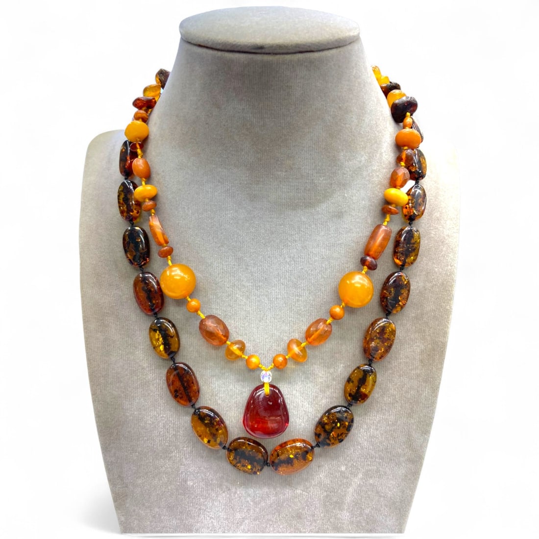Tribal Baltic Amber Dual-Strand Necklace Set, Honey and Cherry Tones with Talismanic Drop, 46g (1 of 4)