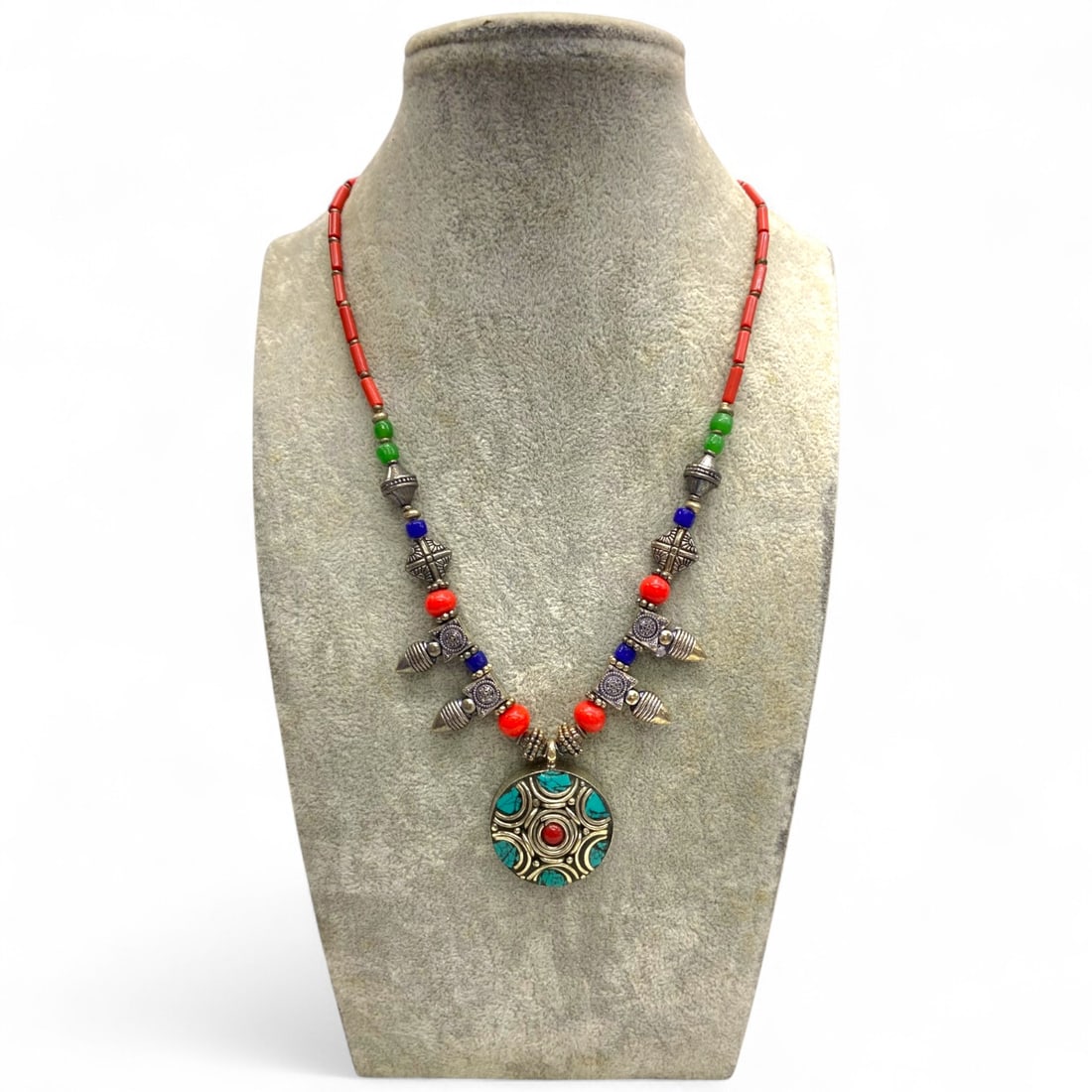 Tibetan Ethnic Silver Amulet Necklace with Coral, Lapis, and Turquoise Inlay, 63g (1 of 4)