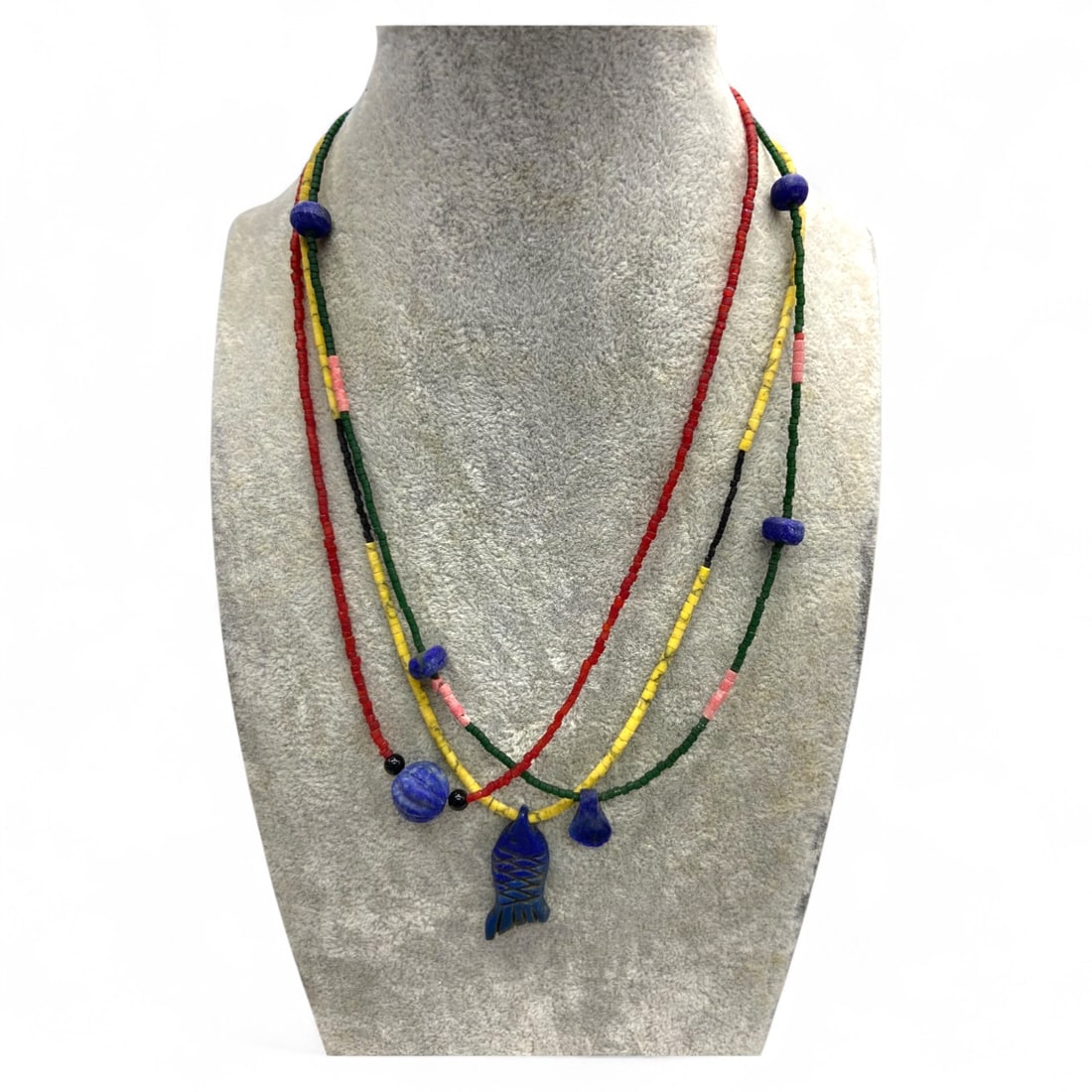 Ancient Near Eastern Lapis Lazuli Amulet Necklace Trio on Trade Beads, c. 1st Millennium BCE, 21g (1 of 2)