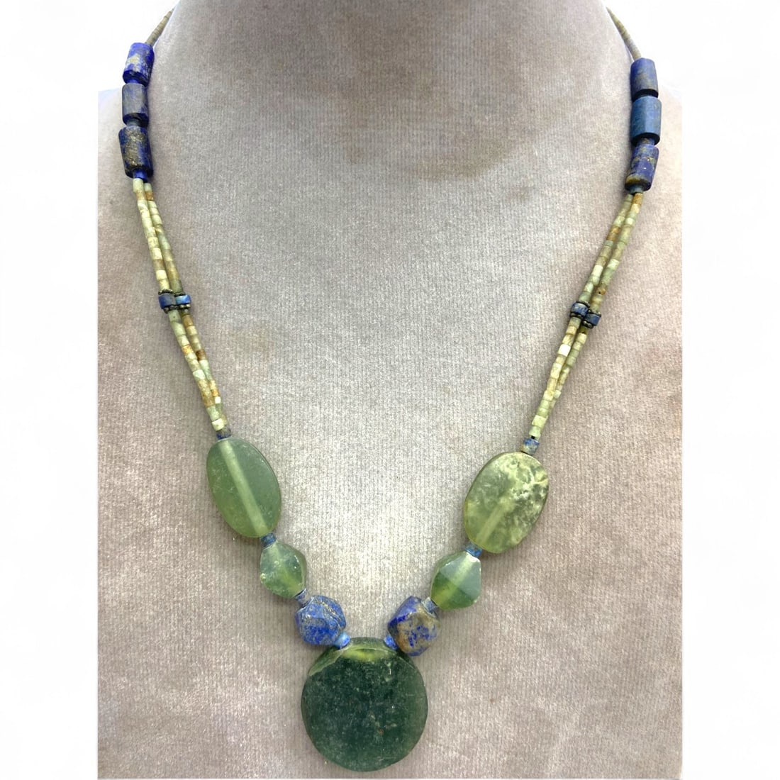 Tribal Lapis Lazuli and Greenstone Amulet Necklace with Disc Pendant, 32g (1 of 3)
