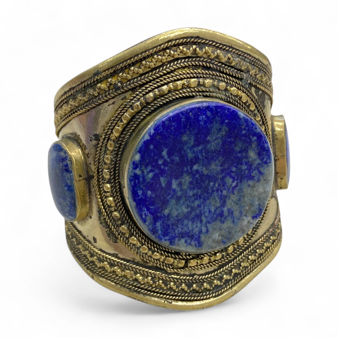 Tribal Afghan Gilded Brass Bangle with Lapis Lazuli Inlays, 79g (1 of 5)