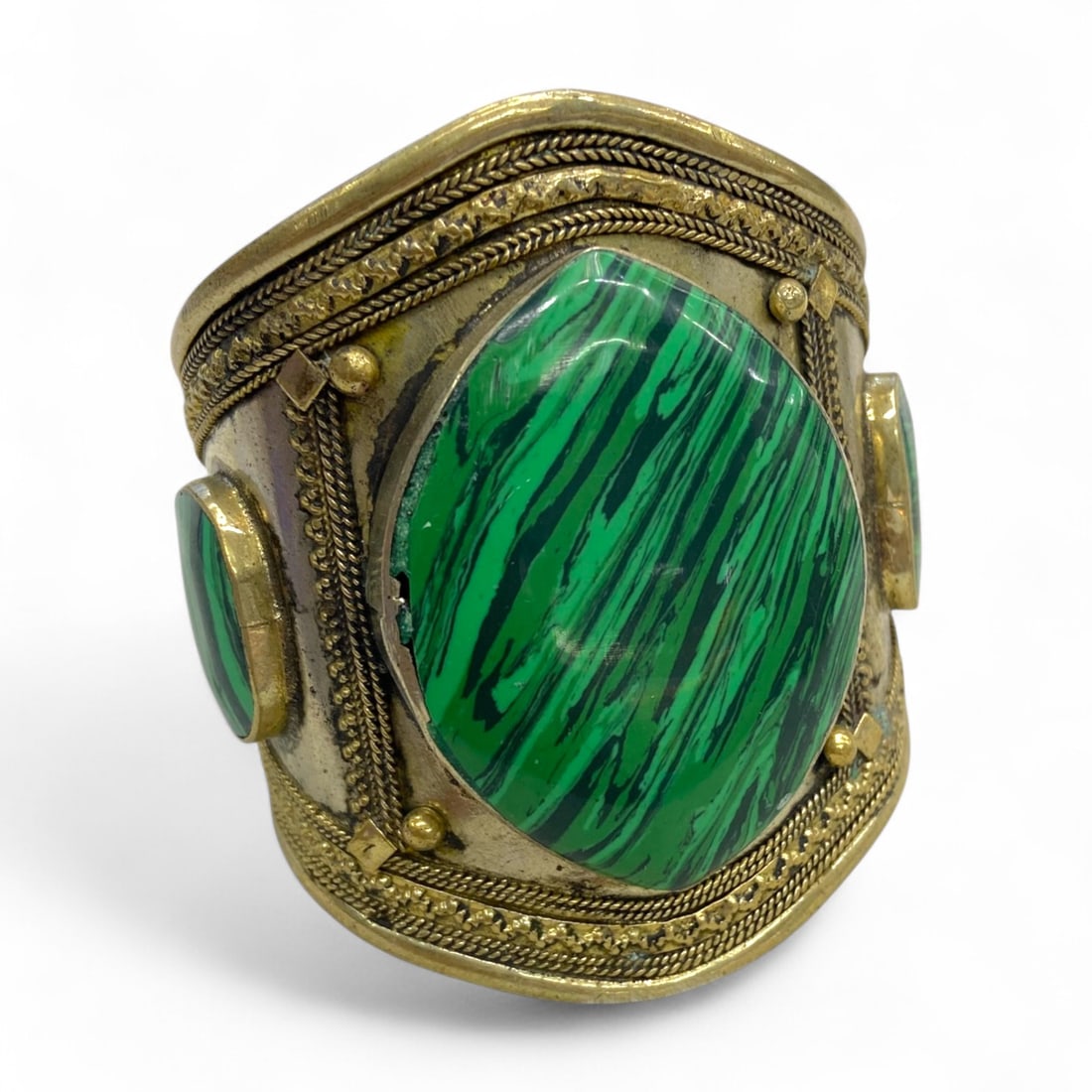 Tribal Afghan Gilded Brass Bangle with Green Malachite Glass Inlays, 70g (1 of 4)