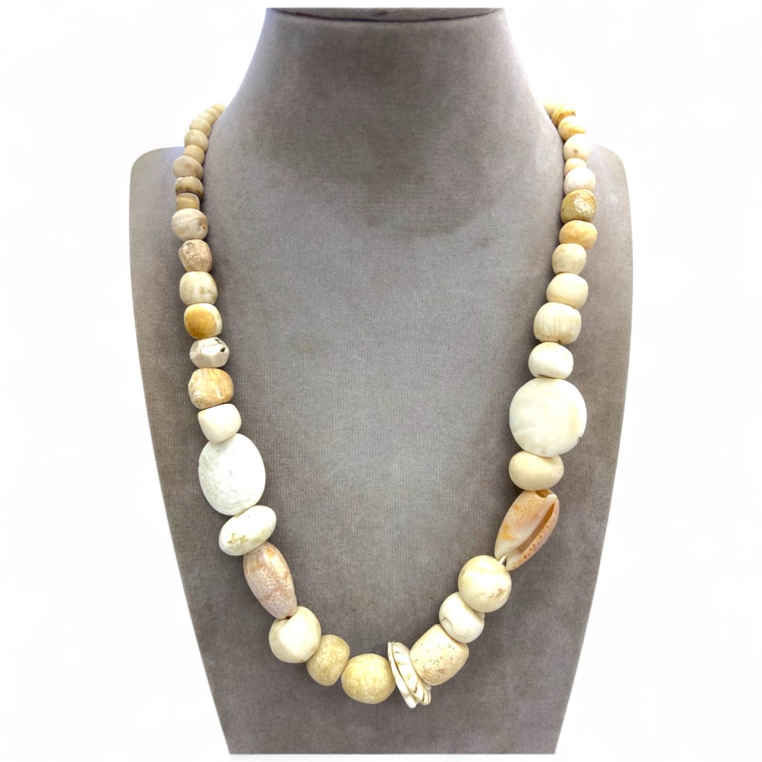 Ancient Saharan Ivory-Toned Shell and Stone Trade Bead Strand Necklace, c. 1st Millennium BCE, 118g (1 of 4)