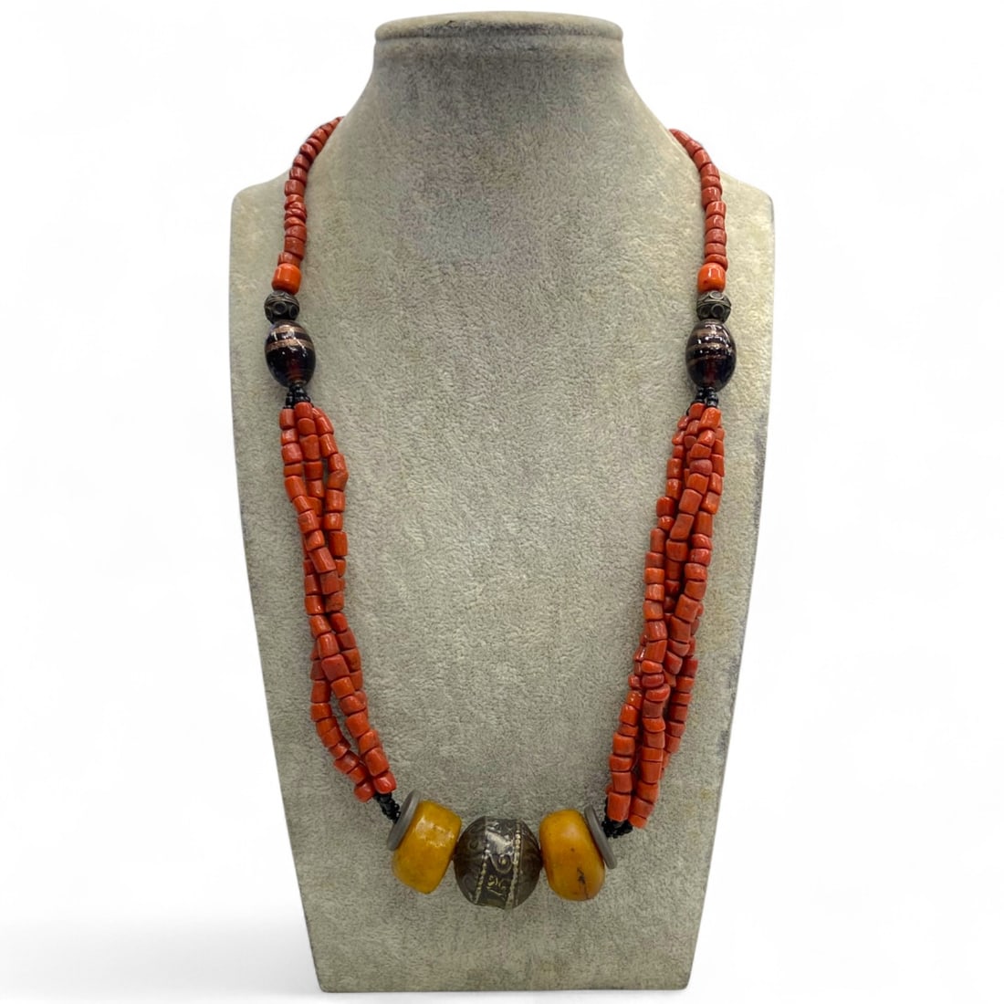 Tribal Berber Amber and Coral Beaded Necklace with Silver Amulet Bead, 75g (1 of 3)