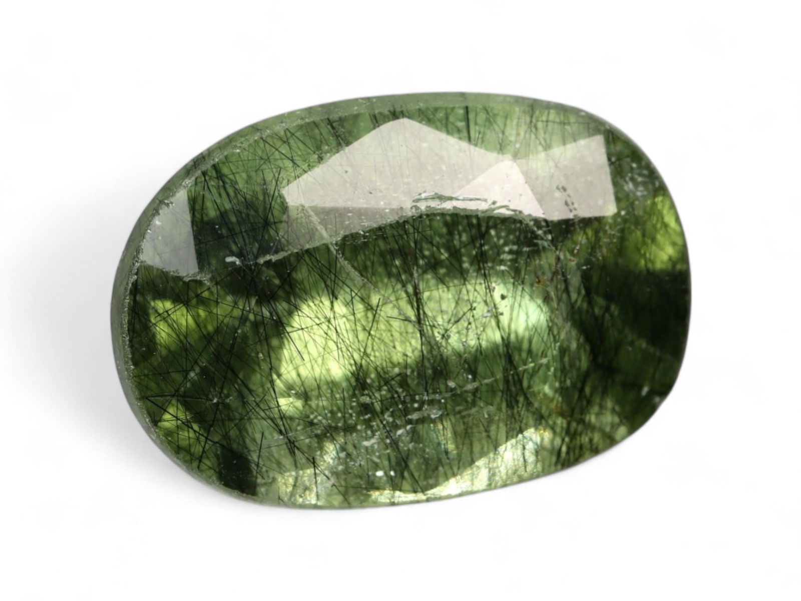 5.27 Carats Deep Olive Rutile Peridot - Natural Faceted Gemstone: This striking single peridot captivates with a rich olive-green hue interlaced by prominent rutile needle inclusions-nature's signature etched into crystal. The bold internal texture contrasts beautif