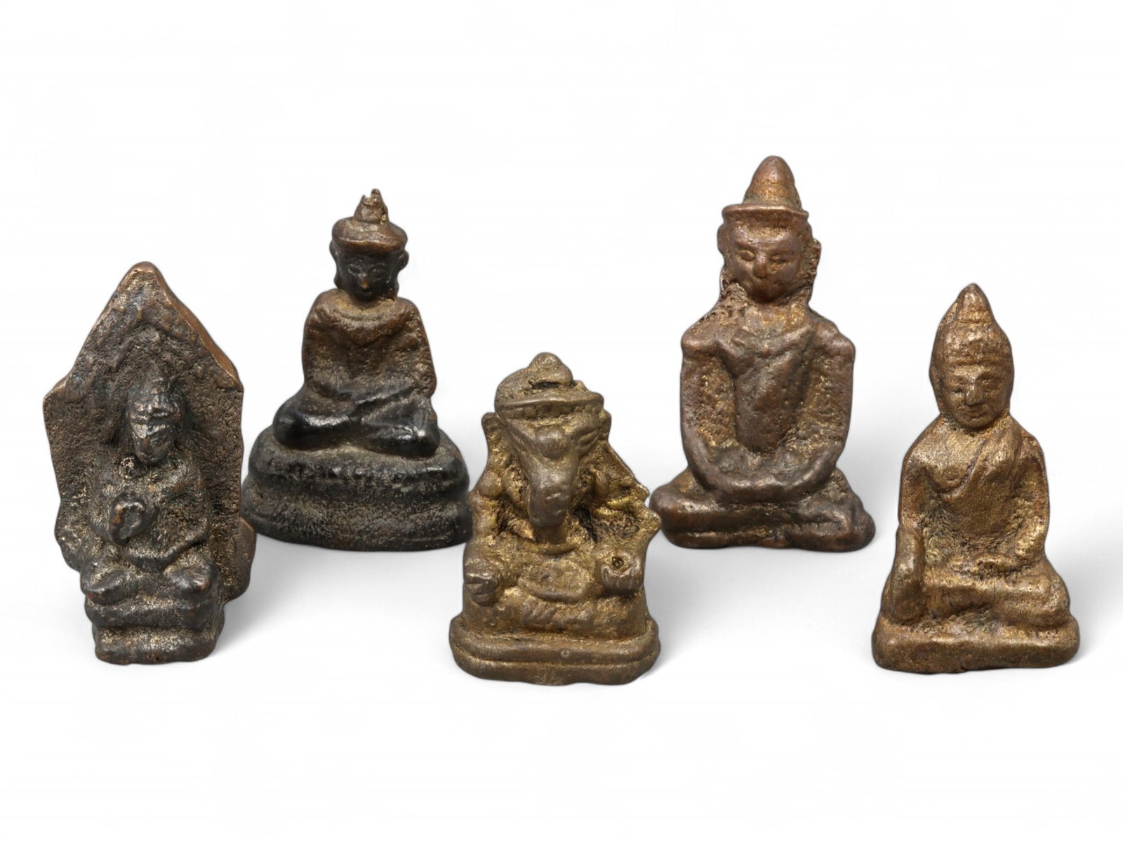 Antique Thai Bronze Buddha and Deity Figurine Group, Crowned Meditation Forms, 4-5cm, 247g (1 of 2)