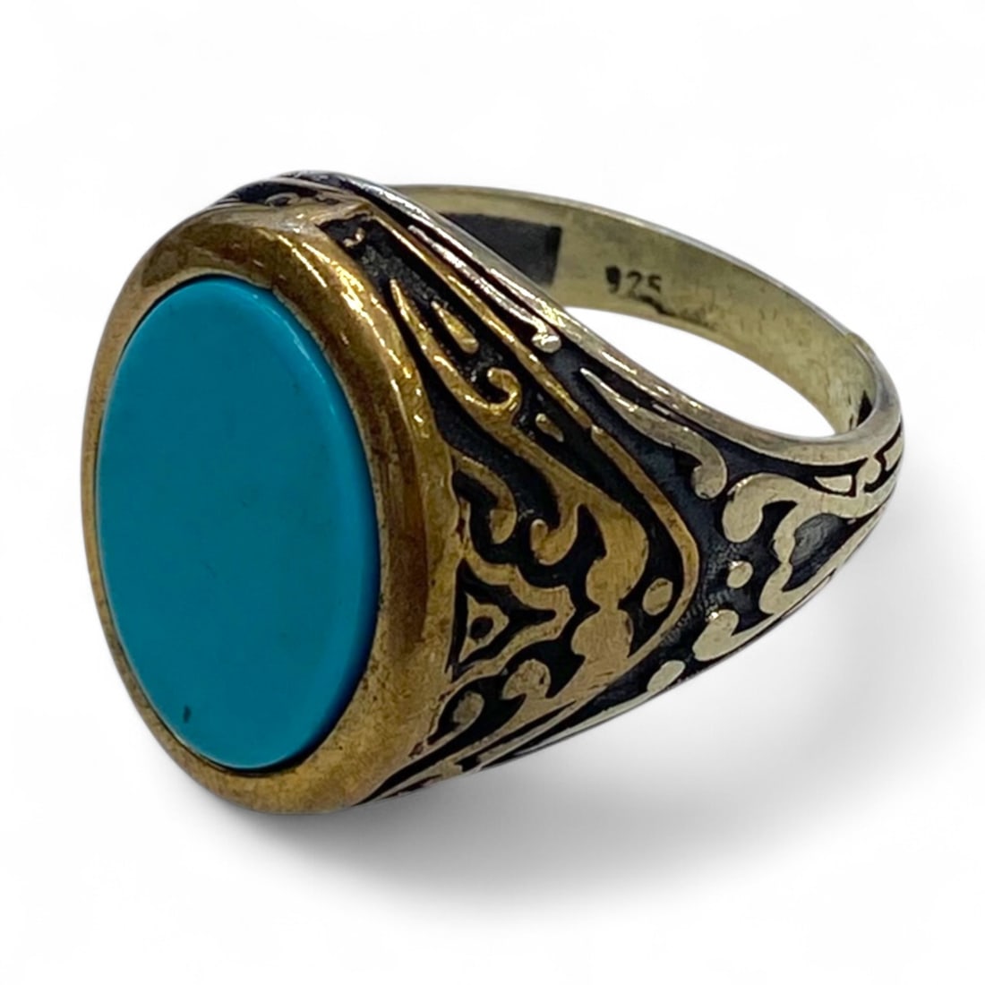 Tribal Ottoman Revival Turquoise Signet Ring in Sterling Silver, US Size 12, 17.5g (1 of 3)
