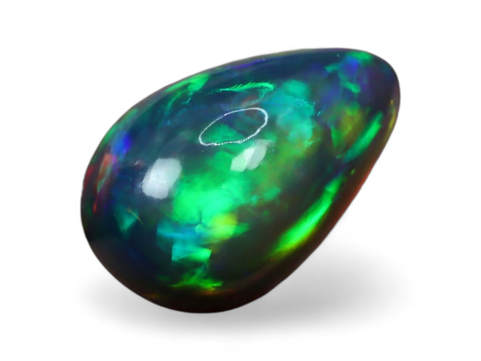 3.41 Carats Vivid Multicolor Black Opal Cabochon - Ethiopian Welo Origin, 13x8mm: An arresting display of saturated fire glows within this opal, where vivid flashes of colors seem to ignite across the surface. The dark background dramatically amplifies the gem's chromatic brillianc