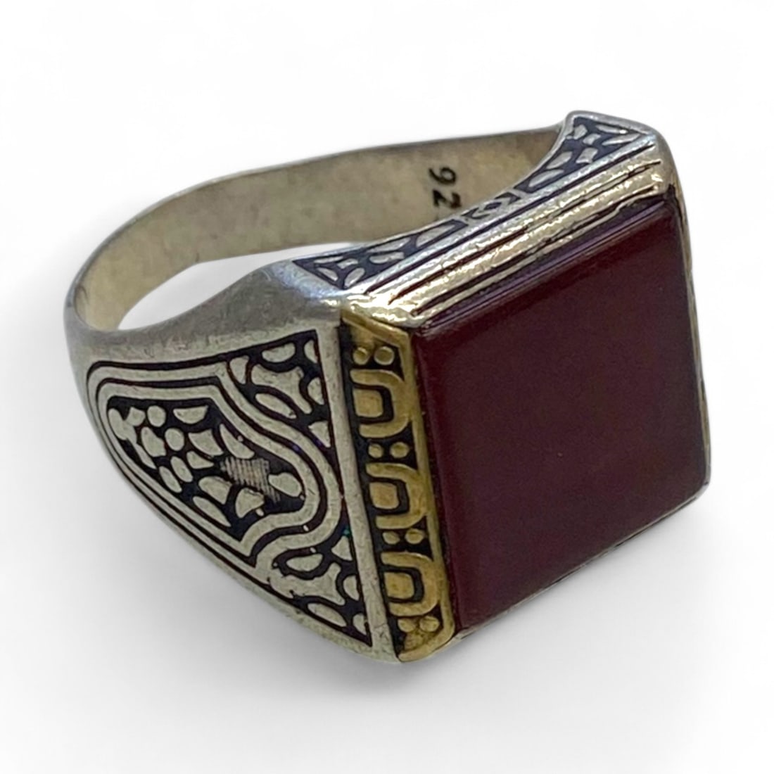 Tribal Square Carnelian Silver Signet Ring with Arabesque Engraving, US Size 11.5, 14.6g (1 of 3)