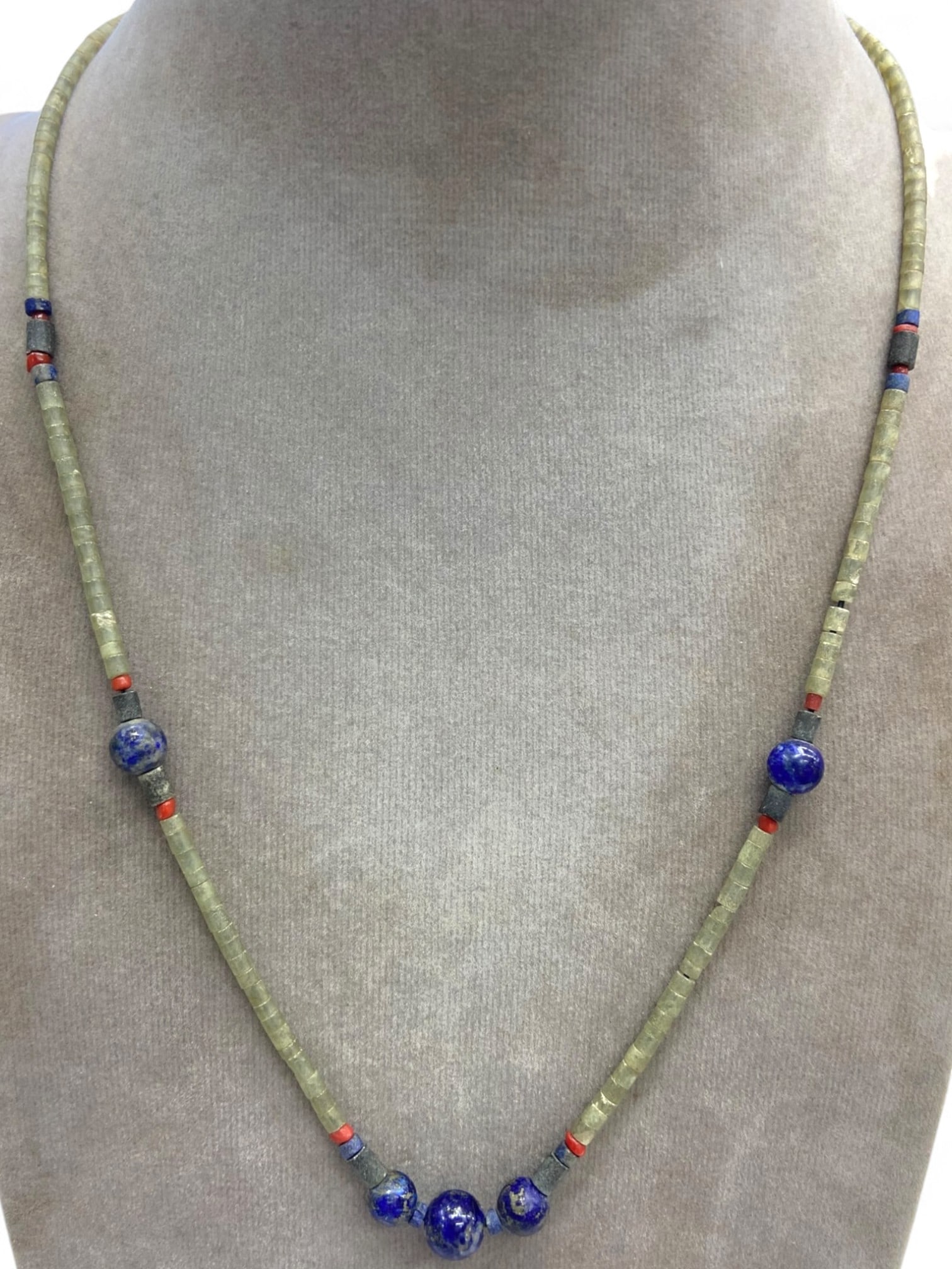 Ancient Mesopotamian-Inspired Green Cylinder Bead Necklace with Lapis Lazuli Accents, 16g (1 of 3)