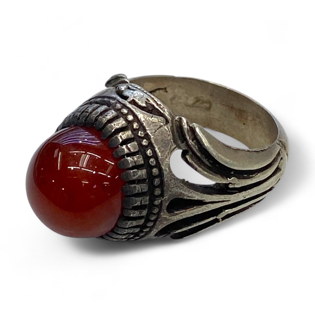 Tribal Crescent-Shoulder Silver Ring with Raised Red Agate Cabochon, US Size 9, 17g (1 of 3)