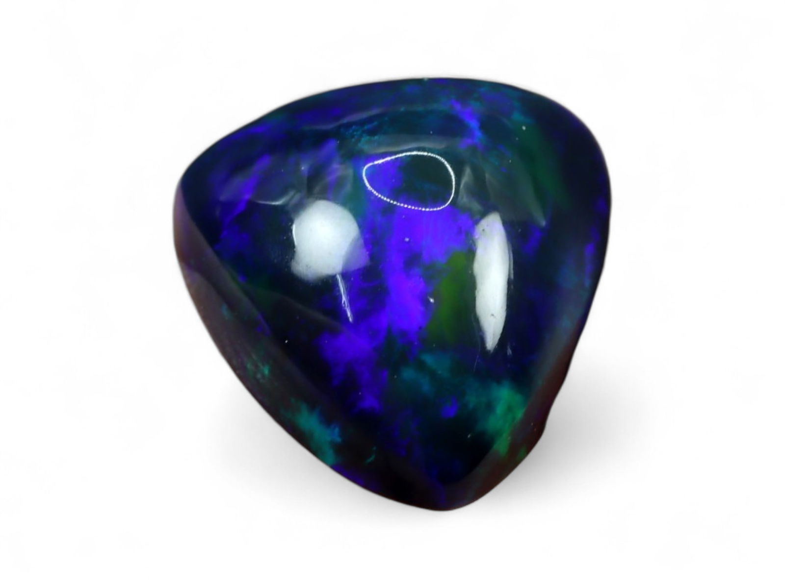 3.68 Carats Vivid Multicolor Black Opal Cabochon - Ethiopian Welo Origin, 12mm: An arresting display of saturated fire glows within this opal, where vivid flashes of colors seem to ignite across the surface. The dark background dramatically amplifies the gem's chromatic brillianc