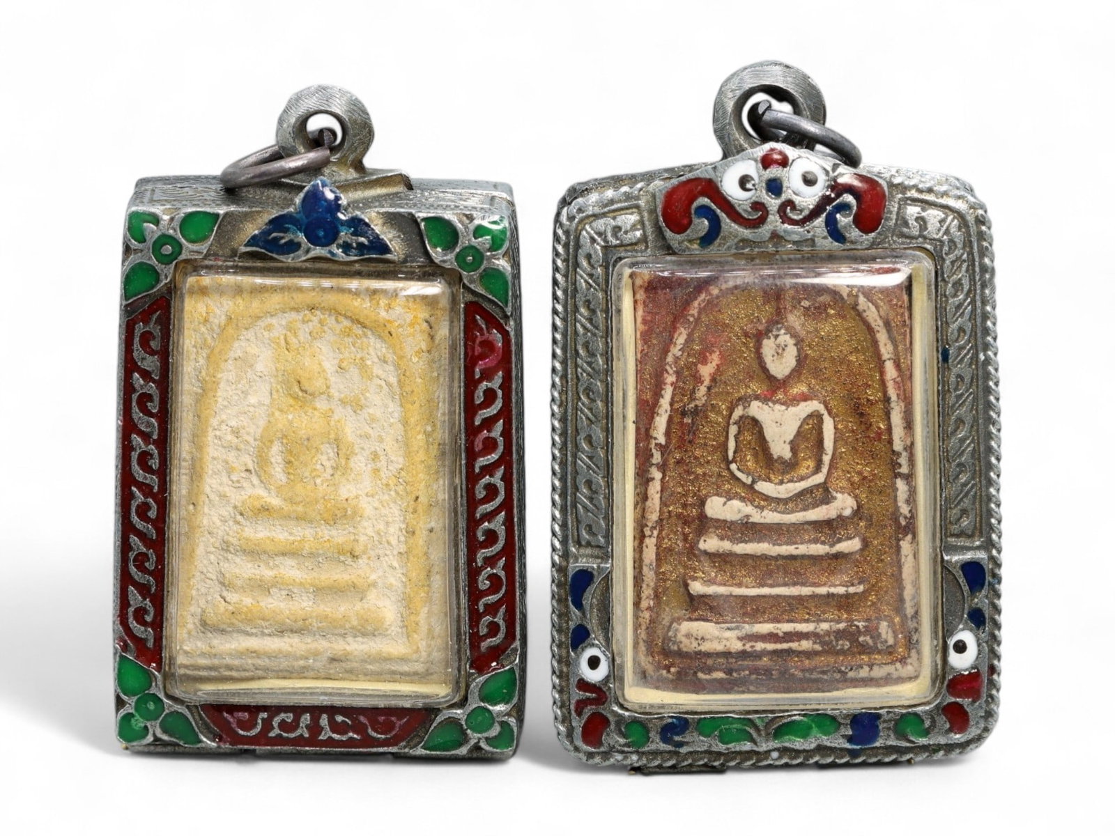 Antique Thai Seated Buddha Clay Amulet Pair in Floral Enamel Silver Alloy Frames, 83g (1 of 2)