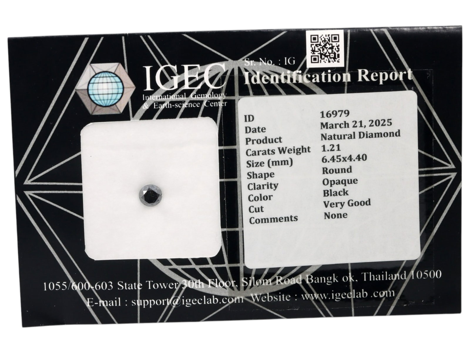 1.21 Carats Jet Black Diamond - Certified Round Cut Stone: This bold round-cut diamond delivers sleek sophistication with its deep jet black tone and polished symmetry. The stone has been expertly cut to a very good finish, offering a smooth surface and high 
