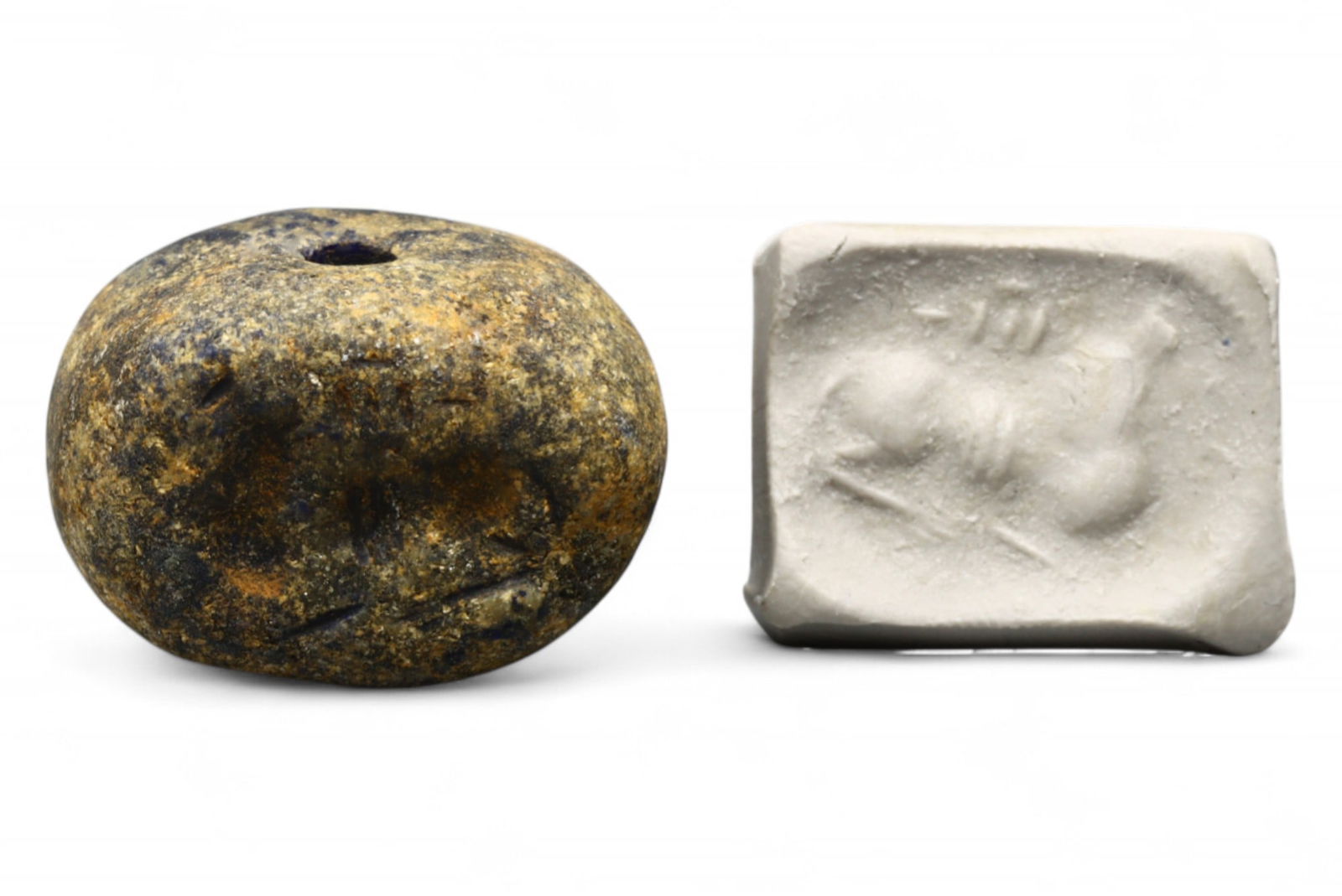 Ancient Ur III Reclining Bull Motif Domed Chlorite Stamp Seal, c. 2100-2000 BCE, 13.87g: This substantial domed chlorite stamp seal, dating to the Ur III period (c. 2100-2000 BCE), features the enduring image of a reclining bull - a sacred and administrative emblem in Sumerian culture. Ca