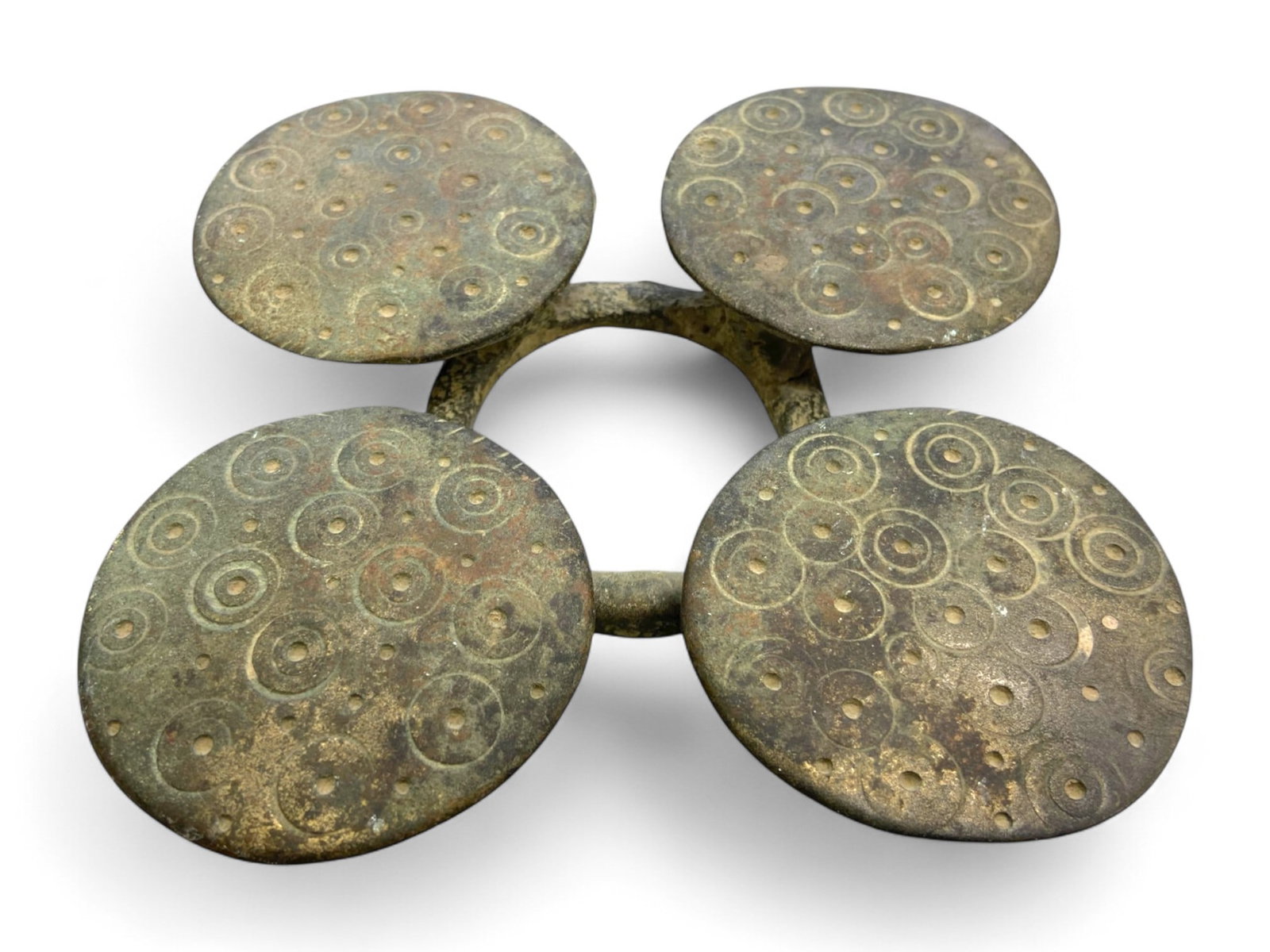 Ancient Germanic Bronze Harness Fitting with Circular Motif, c. 1st-3rd Century CE, 524 gram: This rare and visually striking bronze fitting, measuring 18 x 14 cm and weighing 524 grams, likely functioned as a decorative harness or chariot mount within a Germanic tribal context during the earl